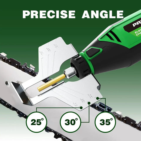 All In One Electric Chainsaw Sharpener Kit With 54 Piece Accessory Set Including Pro Grade Diamond Wheels Burr Grinding Stones Cutting Discs Felt Discs Chrome Corundum Wheels Angle Attachment And Wrench For All Chainsaw Chains showing precise angle settings.