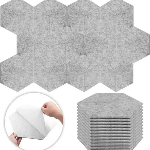 No Mess Peel And Stick Acoustic Foam Panels 5 Pack self adhesive sound damping tiles in hexagonal shape with peel strip.