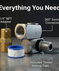 Air Compressor Swivel Connector Kit With 360 Degree Quick Connect Fittings, 1/4 NPT Male Adapter, Teflon Tape shown