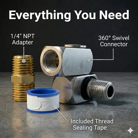 Air Compressor Swivel Connector Kit With 360 Degree Quick Connect Fittings, 1/4 NPT Male Adapter, Teflon Tape shown
