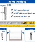 40 Pack Swageless Invisible Cable Railing Kit Hardware For One Eighth Inch Wire Rope And Hollow Metal Posts Fixed End Fittings CB17 Stainless Steel Easy Install Hardware Included diagram with dimensions and components.