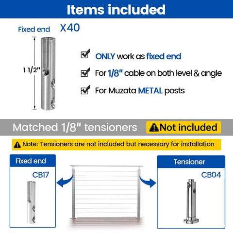 40 Pack Swageless Invisible Cable Railing Kit Hardware For One Eighth Inch Wire Rope And Hollow Metal Posts Fixed End Fittings CB17 Stainless Steel Easy Install Hardware Included diagram with dimensions and components.