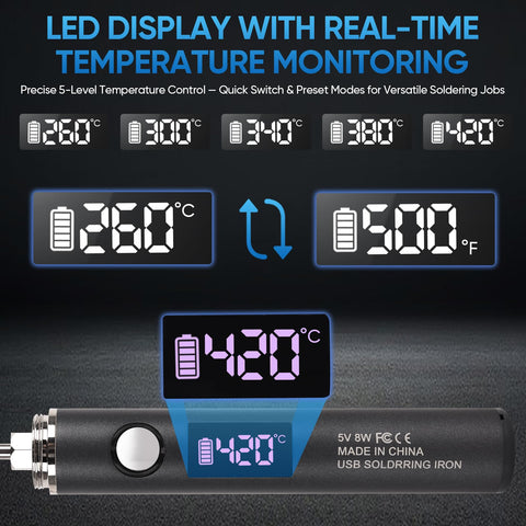 Cordless Soldering Iron Kit With USB C PD Rechargeable Battery showing OLED display and temperature settings for electronics repair.