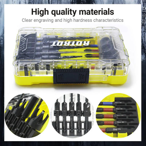 18 Piece Countersink Drill Bit Set With HSS Tapered Bits And Wood Plug Cutters in transparent storage box