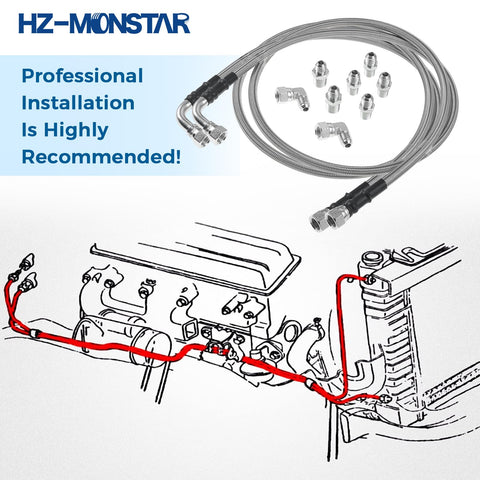6AN 52 Inch Transmission Fluid Oil Cooler Hose Kit With Stainless Braided PTFE Lines For AN6 Fittings Works With Turbo 350, Turbo 400, 4L60E, 4L80E, 4L65E, 200R4, 700R4, Ford C4 C6 AOD Transmissions, installed on transmission cooler