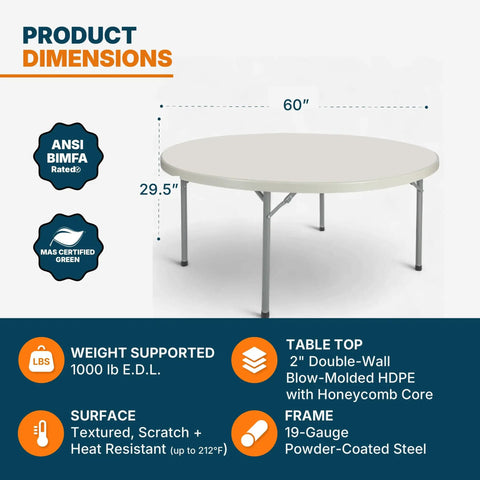 Round Folding Table Built Like A Tank For Heavy Duty Use, Commercial Grade With Thick Blow Molded Top And 17 Gauge Steel Frame