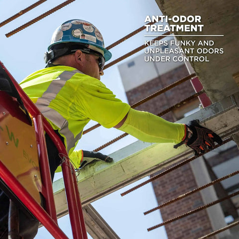 Person using 6690 Cooling Arm Sleeves With Performance Knit Lime XX Large Pair for instant cooling during construction work.