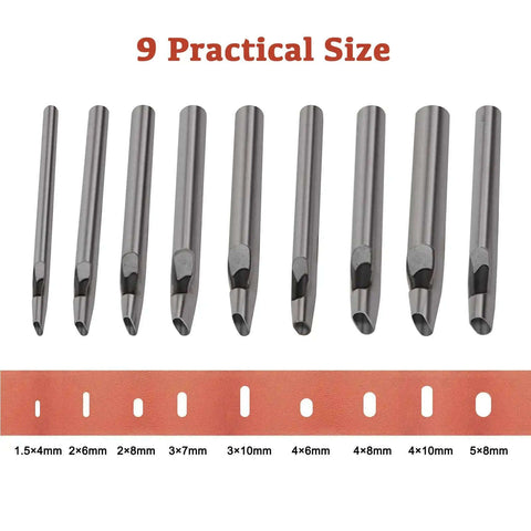 9 Size Oval Leather Hole Punch Set Carbon Steel Pro Grade Hand Punch Tool Kit for Belts, Watchbands, Gaskets, Cloth