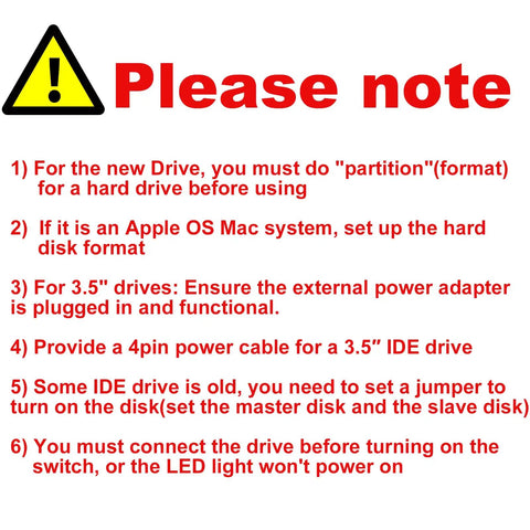 Warning notice for Three In One Universal SATA IDE To USB Drive Reader For 2.5 And 3.5 HDD SSD And DVD CD Optical Drives With Fast 5Gbps Data Transfer Grab And Go Backup And Recovery For Old Legacy Drives