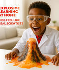 Child amazed by volcanic experiment in Totally Explosive Chemistry Kit For Curious Kids Ages 8 To 12 With Over 150 Experiments.