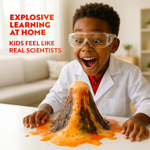 Child amazed by volcanic experiment in Totally Explosive Chemistry Kit For Curious Kids Ages 8 To 12 With Over 150 Experiments.