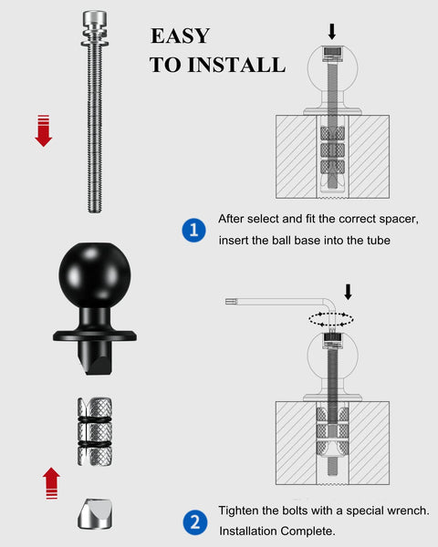Beefy Metal Motorcycle Fork Stem Mount Base With 1 Inch TPU Ball For Stem Holes 12mm To 25.4mm Includes Dual Spacer Set diagram