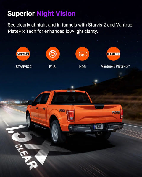 Orange truck driving at night showcasing S1 Pro Front Dash Cam 2.7K Mini With STARVIS 2 Sensor and night vision capabilities.