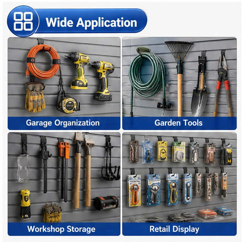 Heavy Duty Garage Slatwall Hooks Set 20 Piece Multi Size Hook Assortment for organizing tools, cords, and garden equipment