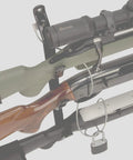 Close-up of Rear Window Gun Rack for Trucks and Walls Holds Shotgun Rifle and Bow With Adjustable Design, showing black finish.