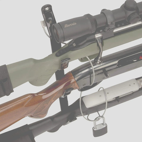Close-up of Rear Window Gun Rack for Trucks and Walls Holds Shotgun Rifle and Bow With Adjustable Design, showing black finish.