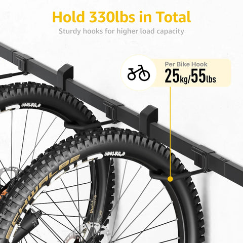 Heavy Duty Wall Mounted Bike Rack With Six Adjustable Hangers On A 78.5 Inch Rail Ultra Strong Steel Garage Storage Solution That Lifts Bikes Off The Floor Max Load 330 Lbs Great For Garages And Workshops With Easy Tool Free Installation And Adjustable showing mounted bikes