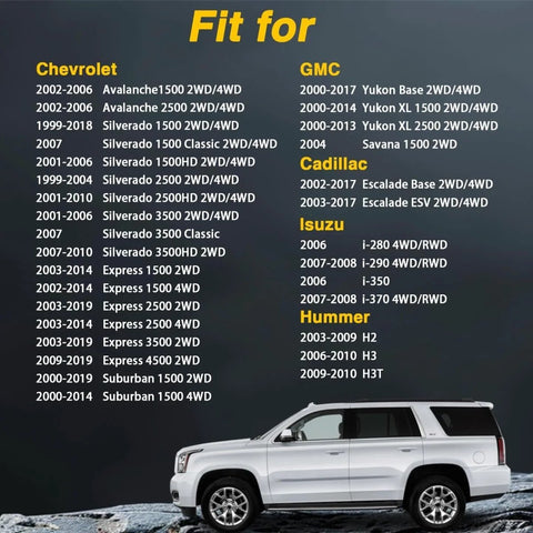 Upgraded 630 Stainless Steel Alignment Cam Guide Pin Removal And Installation Tool Built To Last For Cadillac Escalade Chevrolet Silverado Suburban Express Avalanche GMC Yukon Savana Pro Grade Heavy Duty compatibility chart and vehicle image.