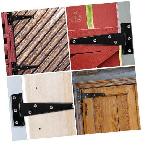 Five Inch Weld On T Type Door Hinges Black Galvanized Steel Barn Door Hinge Set on various wood surfaces.