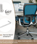 Armrest screws for Zody office chair replacement M6 16mm size, alloy steel grade 12.9, shown with a chair and installation tools.