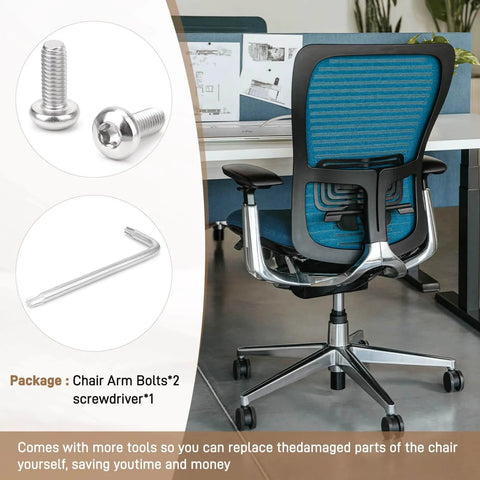 Armrest screws for Zody office chair replacement M6 16mm size, alloy steel grade 12.9, shown with a chair and installation tools.
