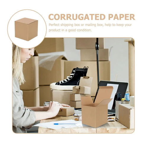 Woman using six pack kraft corrugated boxes for moving and mailing, heavy duty cardboard small boxes with stackable design