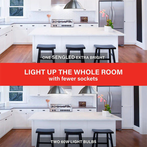 Comparison of kitchen lighting with one Sengled bulb vs. two 60W bulbs, showcasing brightness of Alexa Compatible Smart LED Bulbs 100W Equivalent.
