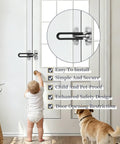 Heavy Duty Swing Bar Door Lock With Latch Guard For Inward Swing Doors, installed on white door, shown with child and dog