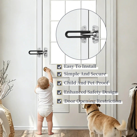 Heavy Duty Swing Bar Door Lock With Latch Guard For Inward Swing Doors, installed on white door, shown with child and dog