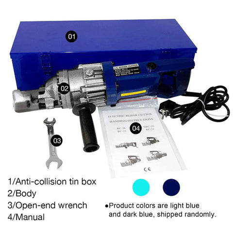 Heavy Duty Hydraulic Steel Bar Cutter For Rebar Up To 20Mm with copper motor and accessories in blue tin box.