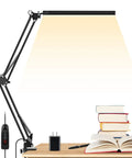 LED Desk Lamp With Swing Arm Clamp, 14W Eye Care Lighting, 3 Modes and Dimmable Brightness, USB power adapter, books on desk