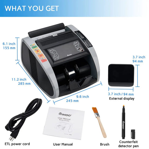 Money Counter Machine With UV MG IR Counterfeit Detection, Portable Bill Counter With External Display, accessories shown
