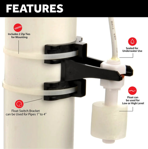 Water Level Float Switch With 15 Ft Cable And Mounting Bracket For DC Pump Control Sealed For Submersion Installed on Pipe