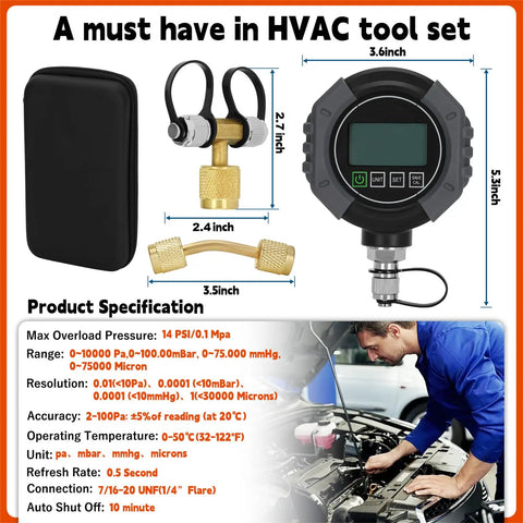 Digital HVAC Micron Vacuum Gauge 0 To 75,000 Microns With Pirani Sensor For Fast Accurate Readings And Micro Leak Detection Pro Grade Vacuum Quality Check In AC Systems, with case and fittings