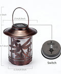 Outdoor Solar Lantern Dragonfly Metal Light with dimensions and switch, waterproof garden decor, LED night ambiance, 1 pack