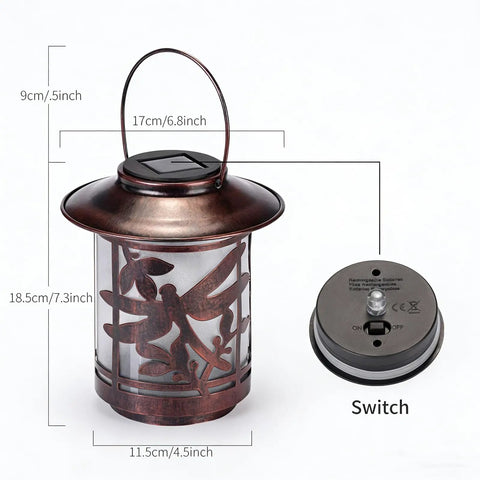 Outdoor Solar Lantern Dragonfly Metal Light with dimensions and switch, waterproof garden decor, LED night ambiance, 1 pack