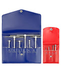 Front view of QWORK stainless steel telescoping bore gauge set with blue case and red pouch, 6-piece kit