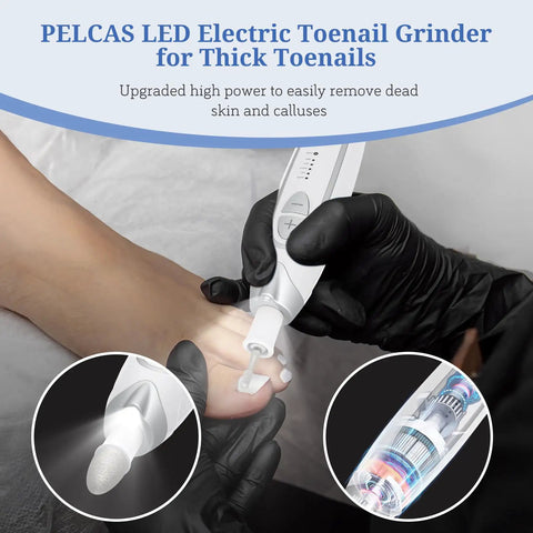 PELCAS LED Electric Toenail Grinder for Thick Toenails in use, removing dead skin and calluses with LED light.
