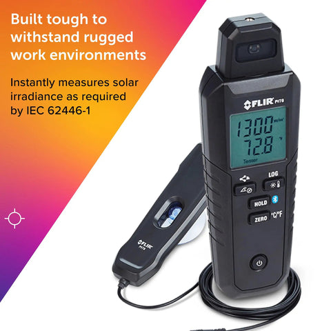 PV78 Solar Irradiance And Temperature Meter with tilt sensor and compass displaying readings for solar analysis.