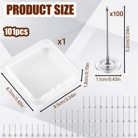 One Hundred One Piece Heavy Duty Upholstery Tacks Set Featuring Smooth Silver Flat Tops And Sturdy Storage Container with product dimensions.