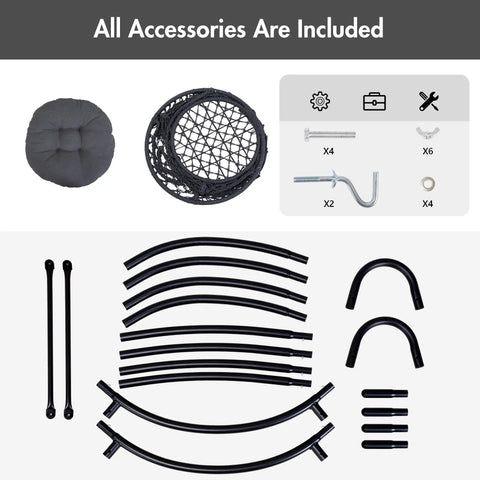 Components of Ultimate Outdoor Hammock Swing With Stand For Your Patio Or Backyard, including cushion and stand parts, dark grey.