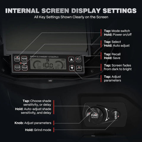 Internal display of Smart Auto Shade Welding Helmet With 180 Degree Panoramic View True Color Lens, showing control settings.