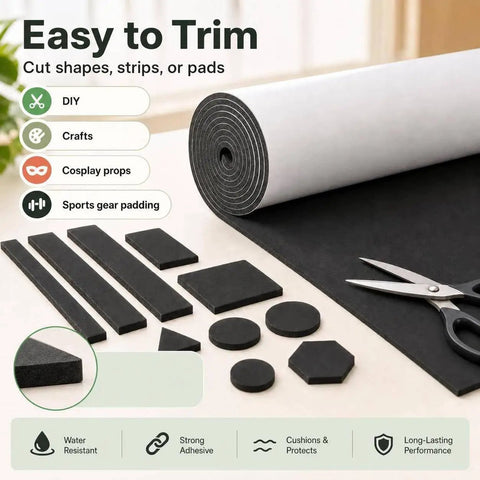 Heavy Duty Neoprene Foam Sheet With Knockout Grip Adhesive Backing For Straight Up Tough Shock Absorption And Slick Weather Seal Cuts Clean To Fit Any Garage Or Workshop Setup Today, cut into various shapes and available for crafts.