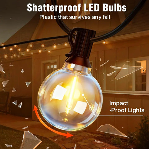 Close-up of shatterproof G40 bulb from 25Ft Solar String Lights Outdoor With Remote And Timer, illuminating a patio at night.