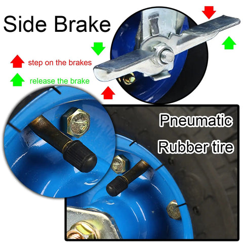 Heavy Duty Swivel Caster Wheels With Brakes For Workbenches And Carts, showing side brake mechanism and pneumatic rubber tire