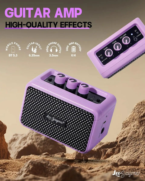 Compact 5W Guitar Amp For On The Go With Dual Speakers Bluetooth Wireless Connectivity Rechargeable Battery Purple