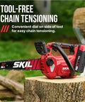 Cordless 12-Inch Chainsaw Kit With 40V Power Core 40 Battery on tree stump, tool-free chain tensioning feature highlighted