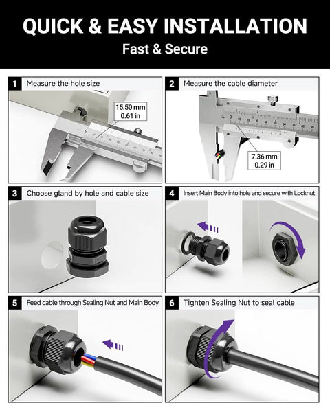 Installation guide for All In One IP68 Nylon Cable Gland Kit With 50 Waterproof Cord Grips Pro Grade Versatility showing steps 1-6.