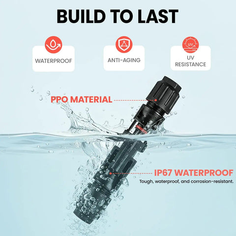 Solar Crimping Tool Kit With 12 MC4 Connectors And Spanner Wrenches For 14 To 10 AWG PV assembly showing waterproof MC4 submerged in water