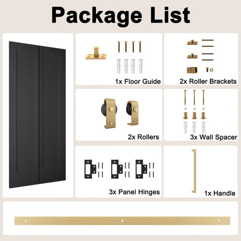 Ridiculously Tough 36 By 84 Inch Vinyl Wrapped Bifold Barn Door For Closet Pantry Laundry Room No Stress Setup Water Resistant Scratch Proof Modern Farmhouse Style Space Saving Slick Black Finish package list including hardware components